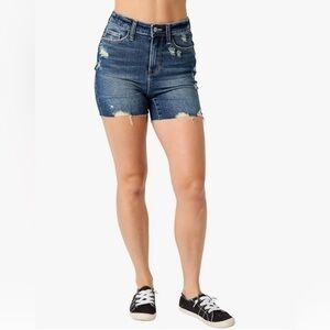 Women's Denim High-Waisted Distressed Shorts Blue Destroy Cut Offs Mid Lengths S